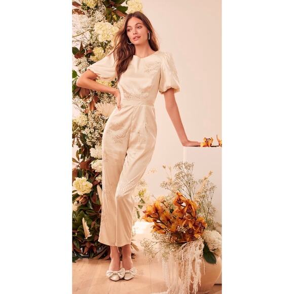 Lulus Time After Time Champagne Floral Jacquard Puff Sleeve Jumpsuit Size M - Picture 1 of 13